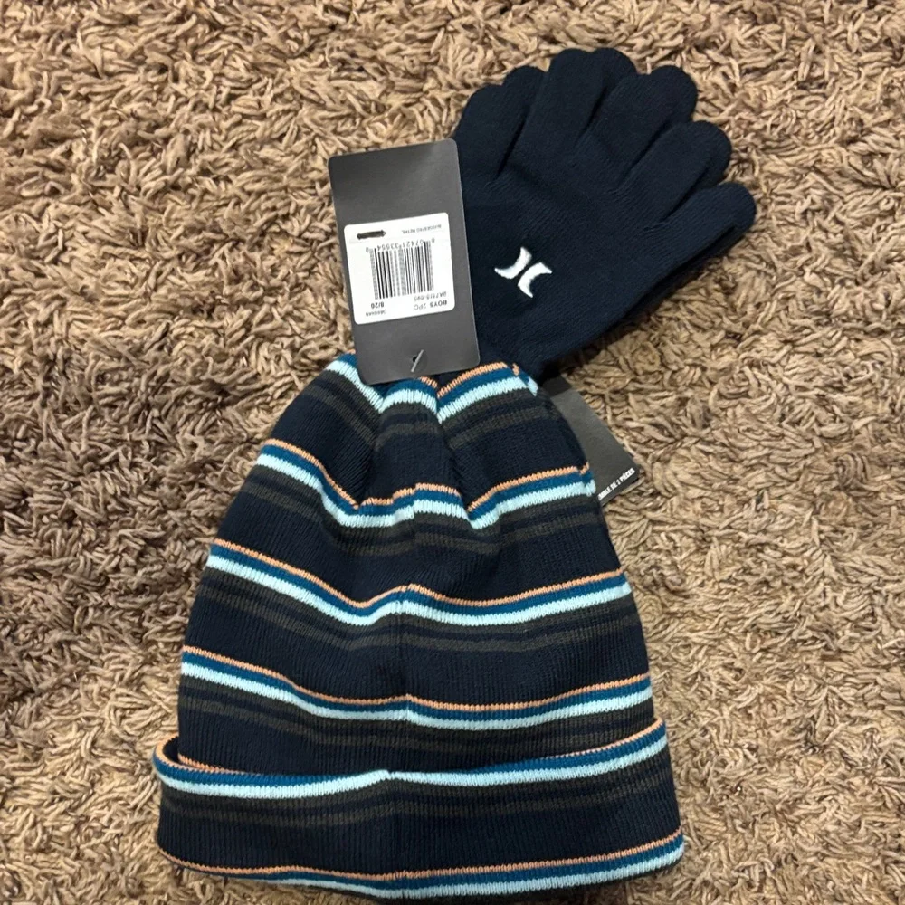 Hurley Navy and Orange Striped Beanie and Gloves